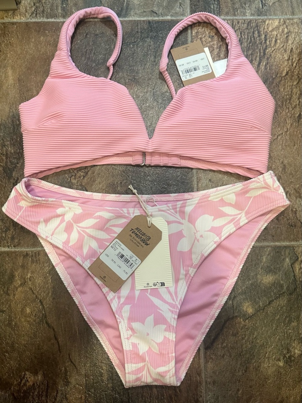 Billabong Pink Ribbed Bikini Top & Bottom with White Floral Print